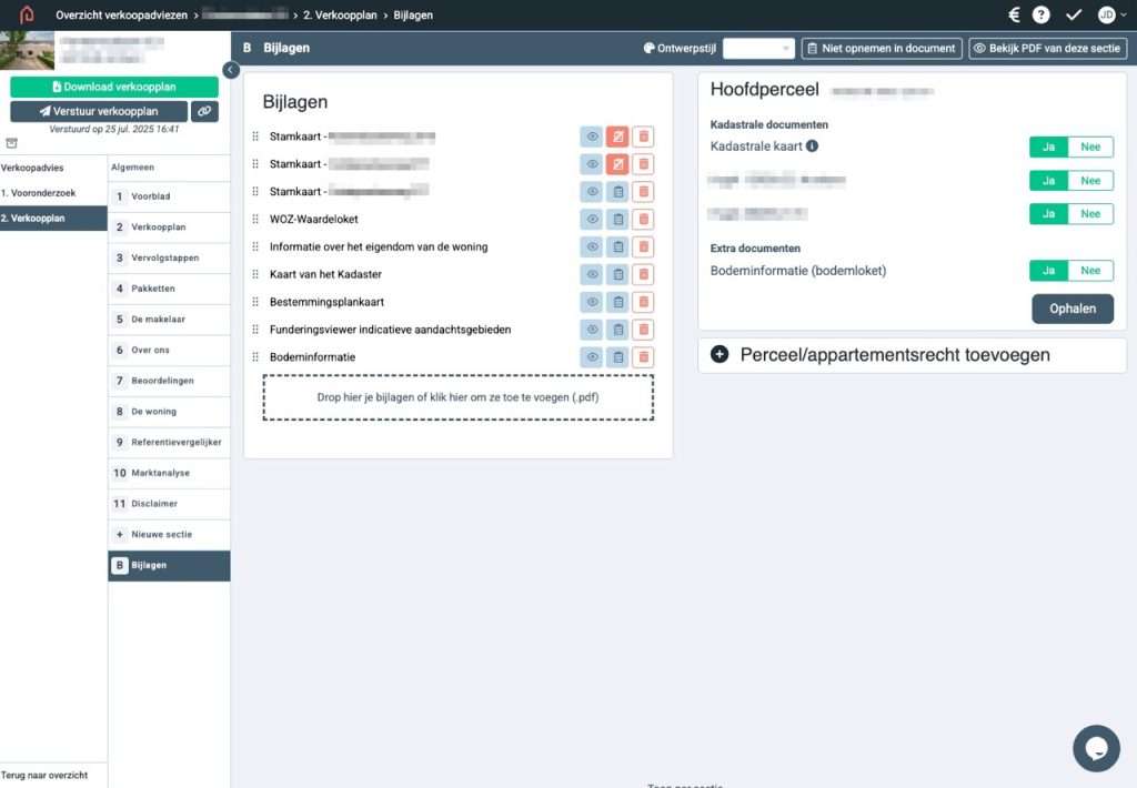 Makelaars Pagina 17 Verkoopadvies tool - bijlagen met onder andere de stamkaarten, WOZ waarde, kadastrale kaart etc.