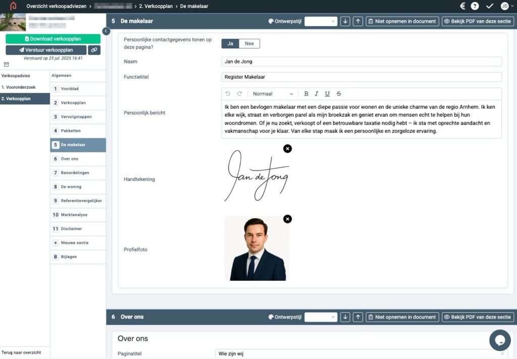 Makelaars Pagina 15 Verkoopadvies tool - Over de makelaar onderdeel van het verkoopplan